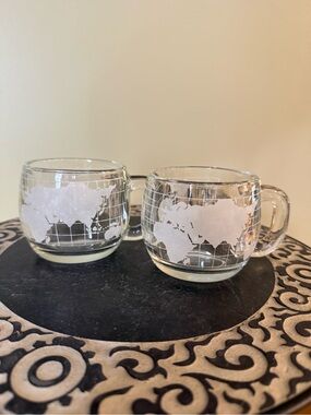Nestle 1970’s Clear World Map Glass Mugs - Set of 2